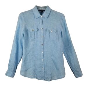Saks Fifth Avenue 100% Linen Button Front Shirt Blue Womens Size Small